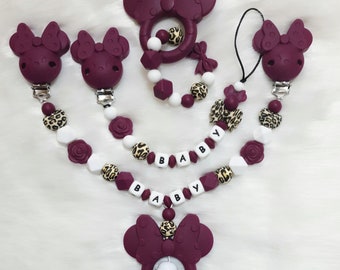 mini Maus silikon Schnullerkette Set mit Namen für Mädchen und Jungen - Redwine leopard mickey Schleife | sehr gute Qualität