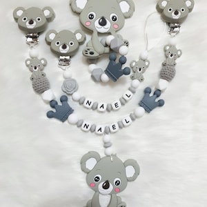koala silikon Schnullerkette Set mit Namen für Mädschen und Jungen - kinderwagenkette silikon , kinderwagenkette Beißering mit namen