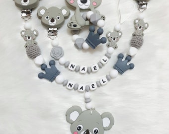 koala silikon Schnullerkette Set mit Namen für Mädschen und Jungen - kinderwagenkette silikon , kinderwagenkette Beißering mit namen