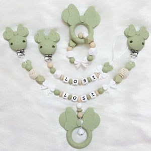 süße mini Maus silikon Schnullerkette Set mit Namen für Mädschen und Jungen - Maus Grün-Lint mickey Schleife | hoch qualität