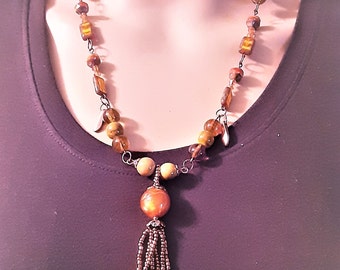 2 pc Set Czech Picaso Necklace and Earrings Sunset Yellows, oranges, green colors and beads fringe tassel / desert sunset / beach sunset