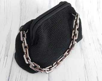 Black macrame yarn knit clutch bag with hidden metal locked and light acrylic chain, Handcrafted chic lined party bag, Evening clutch purse