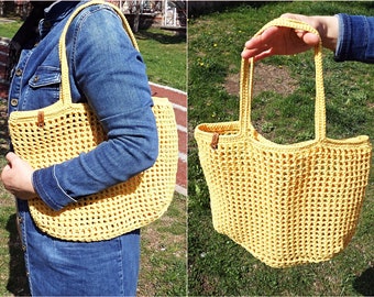 Crochet natural cotton hand knitted yellow shoulder bag, Stylish women mesh beach bag, Grill motif large french market shopping tote bag