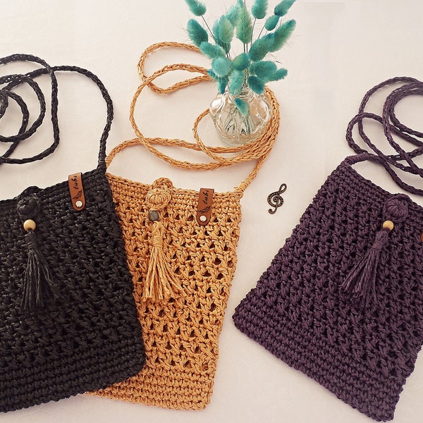 Raffia rope knitted shoulder strap bag • Small crossbody bag • phone wallet bag with single pocket • Stylish gift for women • boho style bag
