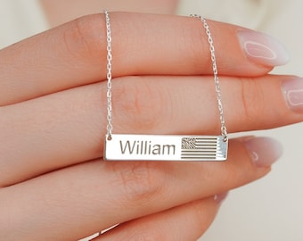 Custom US Flag Name Bar Necklace, Gold America 250th Anniversary Jewelry, 4th of July Patriotic Gift, Personalized Freedom Necklace