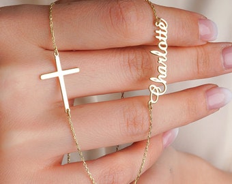 Collar personalizado con cruz lateral y nombre * Collar con cruz de oro * Regalo de Navidad * Collar con cruz y nombre * Regalo personalizado * Regalo para ella