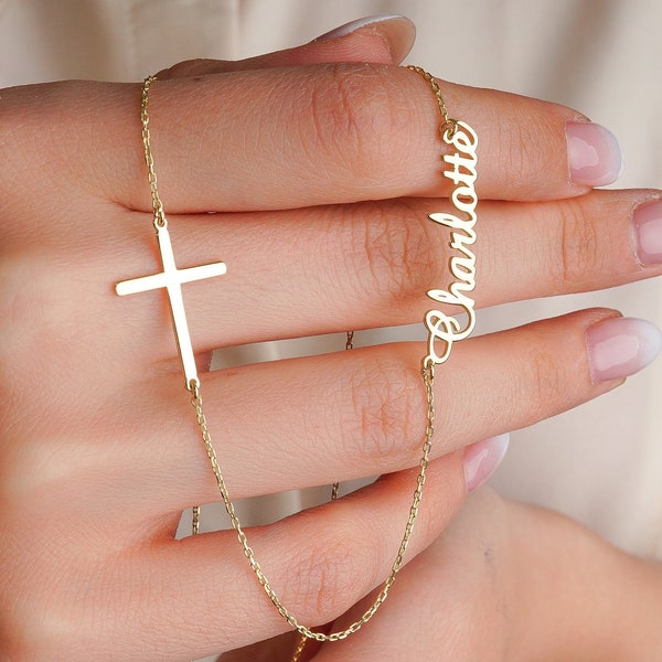 Personalized Sideway Cross and Name Necklace * Gold Cross Necklace * Cross Name Necklace * Personalized Gift * gifts for her * gifts for him