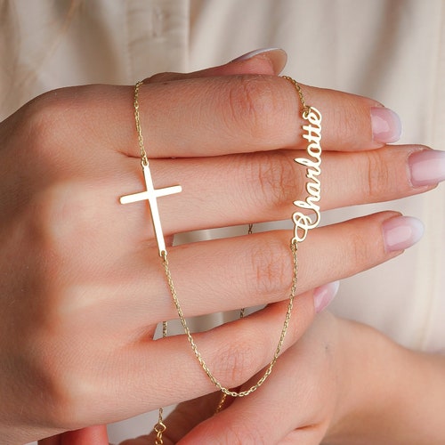 Personalized Sideway Cross and Name Necklace Gold Cross Etsy