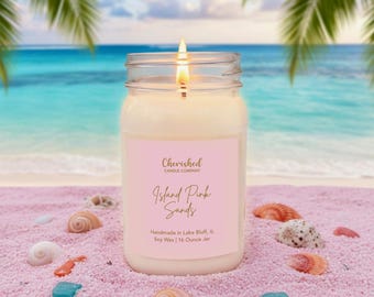 Island Pink Sands Soy Wax Candle, Tropical Beach Decor, Citrus Floral Scent, Spa Scent, Pink Satin Bag