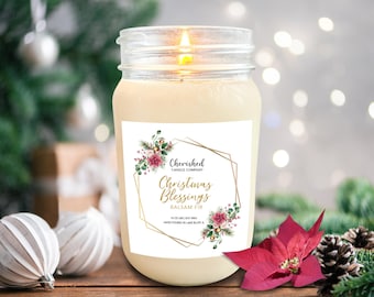 Christmas Blessings, Balsam Fir, All Natural Scented Soy Candle l Mason Jar, Christmas Gift, Christmas Candle, Red Satin Bag