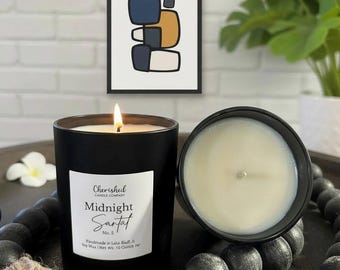 Midnight Santal No. 5, Palo Santo & Sandalwood, Classy Scent, 10 oz Soy Wax, Luxury Vessel Candle, Black Satin Bag