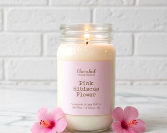 Pink Hibiscus Flower, Naturally Scented Soy Wax Candle, Spa like Scent, Soft Floral, Cozy Home Decor, Pink Satin Bag