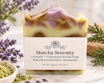 Matcha Serenity Vegan Artisan Soap |Lavender + Cedarwood Essential Oils | Organic Matcha + Brazilian Purple Clay | Cold Process | 4.5oz