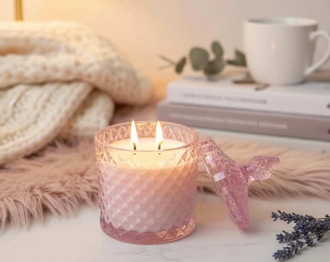 Featured listing image: Pink Decorative Glass Vessel Candle, Choose your Scent, 2 wicks, Long and Clean Burning, Reusable 10 oz Jar, Cozy Pink Decor, Pink Satin Bag