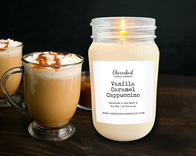 Featured listing image: Vanilla Caramel Cappuccino l All Natural Scented Soy Candle l Hand Poured l 8 oz or 16 oz Mason Jar l Dye Free l Home Decor l Coffee Candle