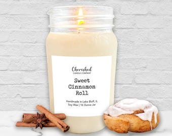 Sweet Cinnamon Roll l All Naturally Scented Soy Wax Candle l Phthalate Free l Long Burn l Cinnamon Scent l Mason Jar l Fall Scent l Nontoxic