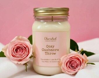 Cozy Cashmere Throw, Naturally Scented Soy Wax Candle, Pink and Gold Label, Luxurious and Relaxing Scent, Cozy Pink Decor, Pink Satin Bag