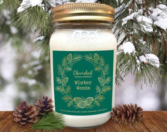 Winter Woods Soy Candle, Evergreen Scent, Fir Scent, Christmas Candle, Mason Jar, Red Satin Bag, Holiday Scent, Cozy Holiday Decor, Nontoxic