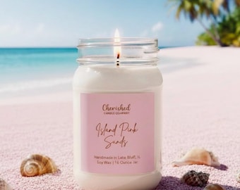 Island Pink Sands Soy Wax Candle, Tropical Beach Decor, Citrus Floral Scent, Spa Scent, Pink Satin Bag