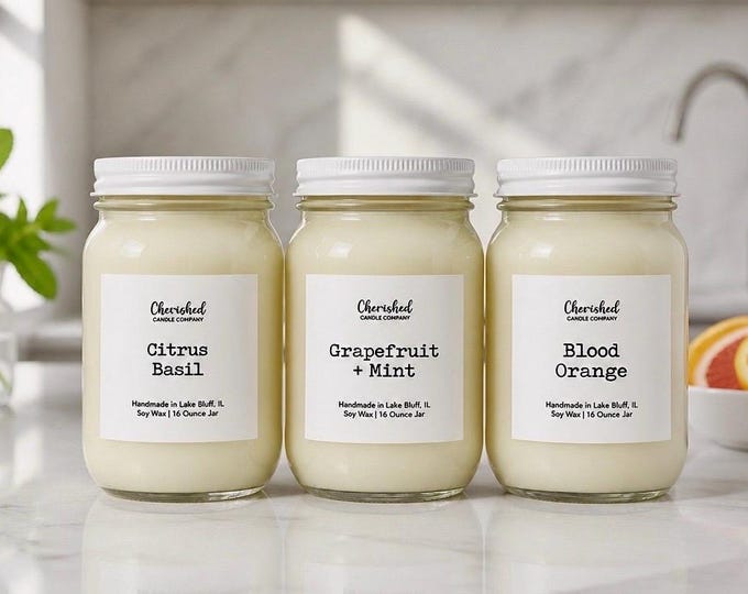 Featured listing image: Hand Poured Fruit + Citrus Naturally Scented Soy Wax Candles: Citrus Basil, Grapefruit Mint, Blood Orange, and More, Black Satin Bag