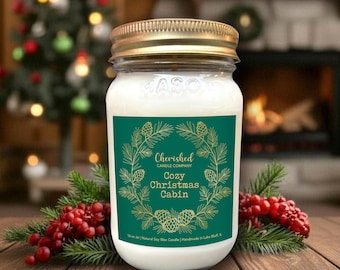 Cozy Christmas Cabin, All Naturally Scented Soy Wax Candle, Hand Poured, Holiday Decor, Cozy Cabin, Red Satin Bag, Christmas Nostalgia