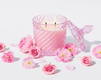 Pink Decorative Glass Vessel Candle, Choose your Scent, 2 wicks, Long and Clean Burning, Reusable 10 oz Jar, Cozy Pink Decor, Pink Satin Bag