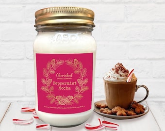 Peppermint Mocha Soy Candle, Christmas Candles, Peppermint Scent, Holiday Decor, Mason Jar, Red Satin Bag, Starbucks Peppermint Mocha Lovers