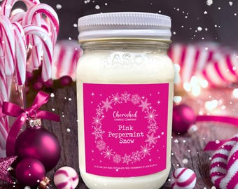 Pink Peppermint Snow, All Naturally Scented Soy Candle, Christmas Scent, Peppermint Candles, Classy Christmas Candle, Pink Christmas