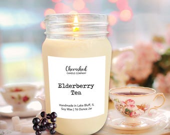 Elderberry Tea l Naturally Scented Soy Wax Candle l Hand Poured l 8oz or 16oz Mason Jar l Luxurious Scent l Spa Scent l Dye Free l Vegan