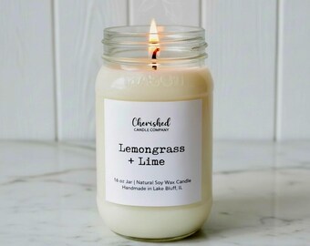 Lemongrass + Lime, Pure Soy Wax Candle, Spa Like Scent, Clean and Refreshing and Vibrant Scent, Mason Jar, Black Satin Bag