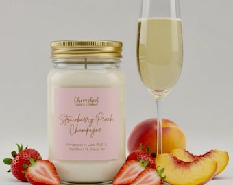 Strawberry Peach Champagne, Naturally Scented Soy Wax Candle, Pink and Gold Label, Cozy Pink Decor, Satin Pink Bag, Celebratory Candle