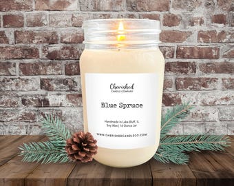 Blue Spruce l All Natural Scented Soy Wax Candle l Mason Jar l Hand Poured l l Pine Candle l Spruce Scent l Home Decor l Forest Scent