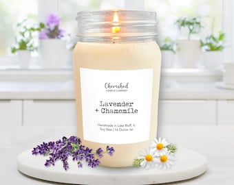 Lavender + Chamomile l Natural Scented Soy Wax Candle l Hand Poured l Dye Free l Calming l Relaxing Candle l Spa Candle l Aromatherapy
