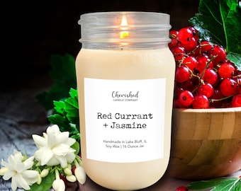 Red Currant + Jasmine l All Natural Scented Soy Wax Candle l 16 oz Mason Jar l Hand Poured l Luxurious Scent l Spa Candle l Home Decor