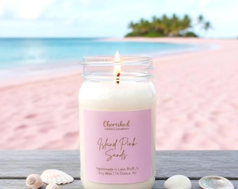 Island Pink Sands Soy Wax Candle, Tropical Beach Decor, Citrus Floral Scent, Spa Scent, Pink Satin Bag