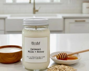 Oatmeal, Milk, and Honey Soy Wax Candle, Naturally Scented, Soothing and Calming Candle, Relaxing Scent, Black Satin Bag