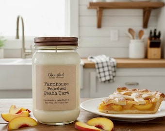 Farmhouse Poached Peach Tart, Sweet Pastries, Family Memories, Poached Fruit, Yummy Scent, Farmhouse Candle, Dessert Candle, Red Satin Bag