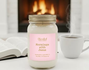 Mornings with Jesus, Relaxing & Peaceful Candle, Green Tea, Almond, Coconut, Violet, Cozy Home Decor, Meditation Candle, Pink Satin Bag