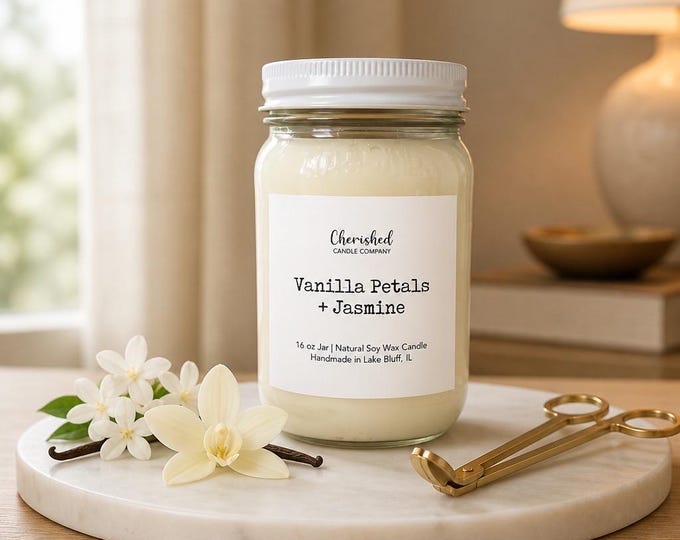 Featured listing image: Vanilla Petals Jasmine Soy Wax Candle, Cozy Ambered Vanilla Scent, Spa Sanctuary Home Fragrance