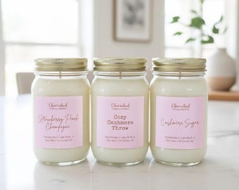 Cozy Cashmere, Island Pink Sands, Strawberry Peach Champagne, Cashmere Sugar Soy Candles, Pink & Gold Labels, Cozy Pink Decor, Pink Bag