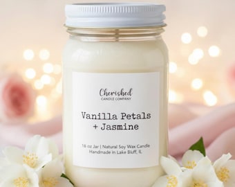 Vanilla Petals + Jasmine, Naturally Scented Soy Wax Candle, Luxurious and Sophisticated Scent, Cozy Candle, Black Satin Bag Included
