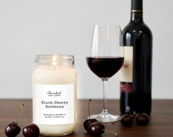 Black Cherry Bordeaux, Pure Soy Wax Mason Jar Candle, Fruity Wine and Sophisticated Scent, Wine Candle Gifts, Black Satin Bag