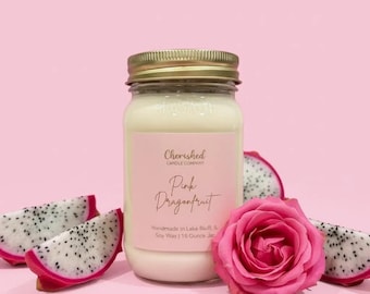 Pink Dragonfruit, Naturally Scented Soy Wax Candle, Pink and Gold Label, Pink Candle, Fruity Candle, Tropical Fruit, Pink Satin Bag Included