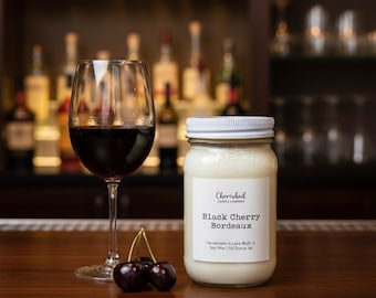 Black Cherry Bordeaux, Pure Soy Wax Mason Jar Candle, Fruity Wine and Sophisticated Scent, Wine Candle Gifts, Black Satin Bag