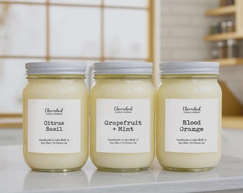Hand Poured Fruit + Citrus Naturally Scented Soy Wax Candles: Citrus Basil, Grapefruit Mint, Blood Orange, and More, Black Satin Bag
