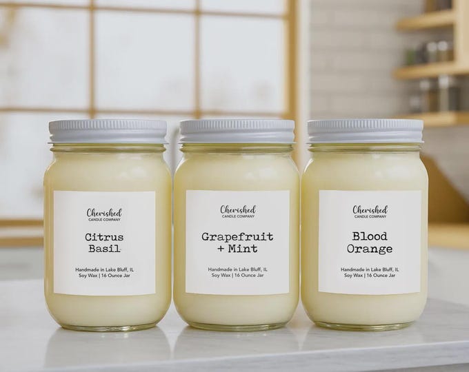 Featured listing image: Hand Poured Fruit + Citrus Naturally Scented Soy Wax Candles: Citrus Basil, Grapefruit Mint, Blood Orange, and More, Black Satin Bag