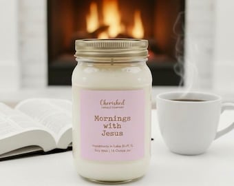 Mornings with Jesus, Relaxing & Peaceful Candle, Green Tea, Almond, Coconut, Violet, Cozy Home Decor, Meditation Candle, Pink Satin Bag