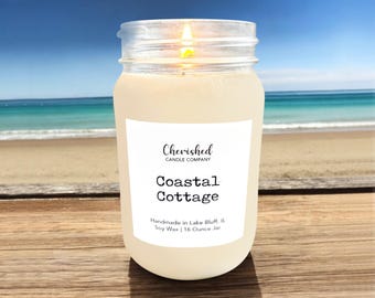 Coastal Cottage l All Natural Scented Soy Wax Candle l Mason Jar l Hand Poured in IL l Dye Free l Beach Candles l Beach Decor l Home Decor