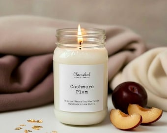 Cashmere Plum, Luxurious Soy Candle, Classy and Delicious Scent, Mason Jar, Long Burn, Black Satin Bag