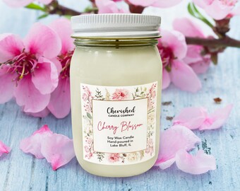 Cherry Blossom Mason Jar Soy Candle l  l Phthalate Free l Eco-Friendly l Average 55-75 Hour Burn Time